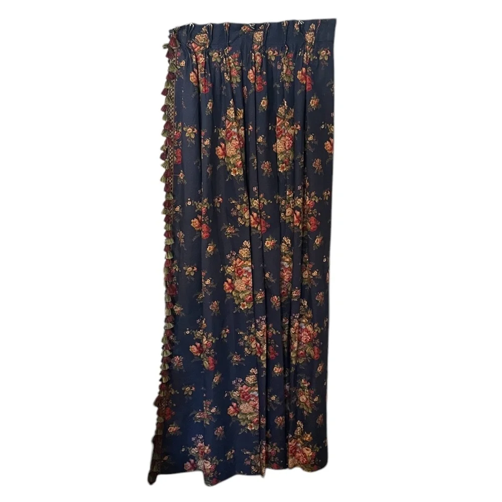 Vintage Custom‎ Designer Pleated Floral Blue 3 panels Curtains Drapery